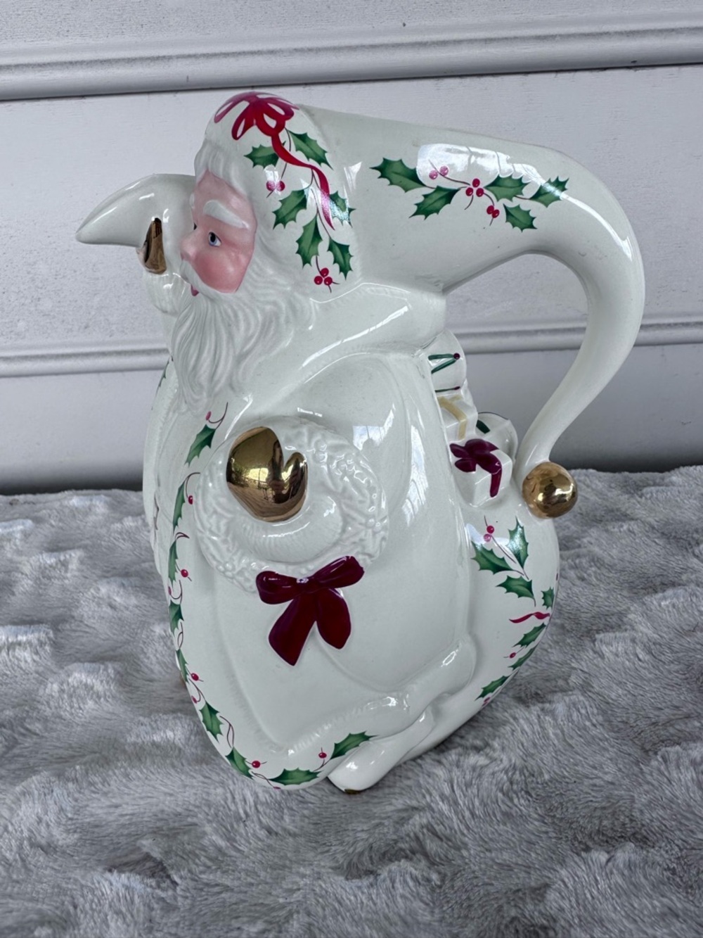 Lenox White Santa Pitcher with Green Holly and Gold Accents